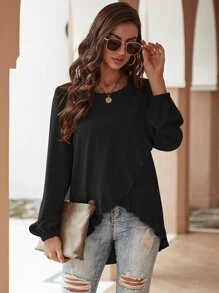 SHEIN LUNE Ruffle Trim Wrap Front Lantern Sleeve Blouse - Black - View 4