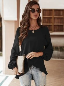 SHEIN LUNE Ruffle Trim Wrap Front Lantern Sleeve Blouse - Black - View 5