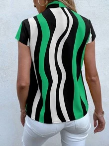 SHEIN LUNE Block Striped Tie Neck Blouse - Multicolor - View 2