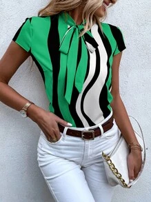SHEIN LUNE Block Striped Tie Neck Blouse - Multicolor - View 4