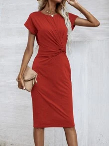 SHEIN Unity Vestido girante delantero unicolor - Naranja Quemada - Ver 3