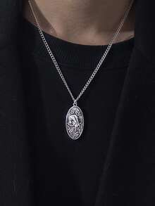 男士橢圓形吊墜項鍊 - 復古銀色 - 查看 1