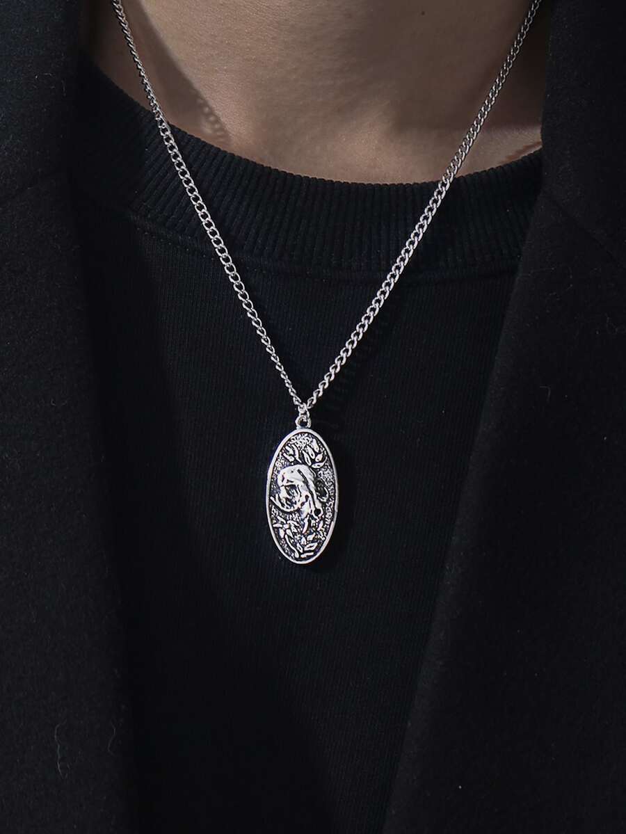男士橢圓形吊墜項鍊 - 復古銀色 - 查看 1