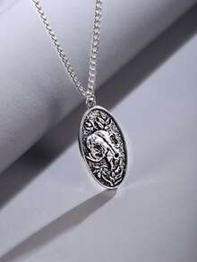 男士橢圓形吊墜項鍊 - 復古銀色 - 查看 2