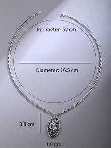 男士橢圓形吊墜項鍊 - 復古銀色 - 查看 3