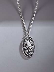 男士橢圓形吊墜項鍊 - 復古銀色 - 查看 4