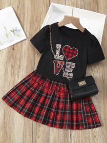 SHEIN 小女童字母圖案T恤和格紋百褶半身裙