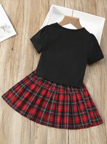 SHEIN 小女童字母圖案T恤和格紋百褶半身裙