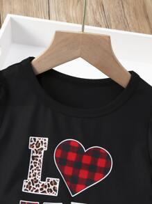 SHEIN 小女童字母圖案T恤和格紋百褶半身裙