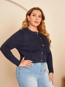 SHEIN Unity Plus Cable Knit Cardigan & Crop Cami Knit Top - Navy Blue - View 6