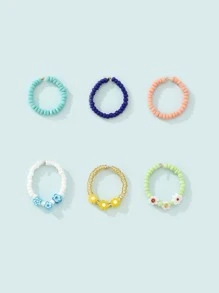 6入組花朵裝飾串珠戒指 - 彩色 - 查看 1