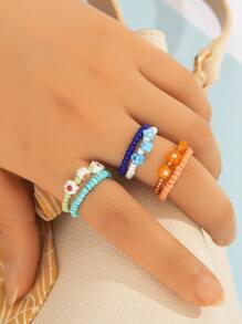 6入組花朵裝飾串珠戒指 - 彩色 - 查看 2