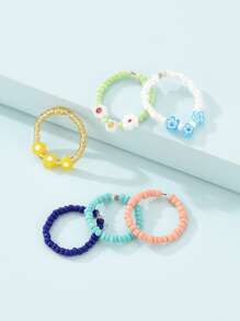 6入組花朵裝飾串珠戒指 - 彩色 - 查看 3