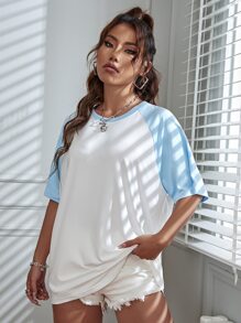 SHEIN Unity Camiseta de manga raglán con estampado de color combinado - Blanco - Ver 3