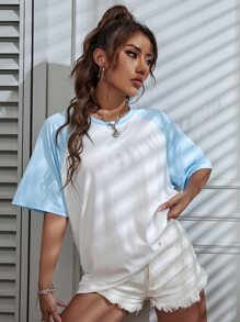 SHEIN Unity Camiseta de manga raglán con estampado de color combinado - Blanco - Ver 4
