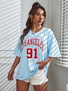 SHEIN Unity Letter Graphic Drop Shoulder Longline Tee - Baby Blue - View 5