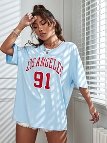 SHEIN Unity Letter Graphic Drop Shoulder Longline Tee - Baby Blue - View 6