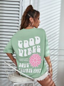 SHEIN MOOSTA Floral & Slogan Graphic Drop Shoulder Tee GOOD VIBES CHOOSE HAPPY TRUST YOURSELF LOVE ALWAYS 1997 - Mint Green - View 3