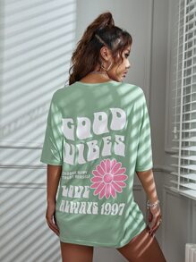 SHEIN MOOSTA Floral & Slogan Graphic Drop Shoulder Tee GOOD VIBES CHOOSE HAPPY TRUST YOURSELF LOVE ALWAYS 1997 - Mint Green - View 4