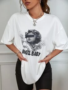 SHEIN Unity Letter & Figure Graphic Drop Shoulder Tee - White - View 3