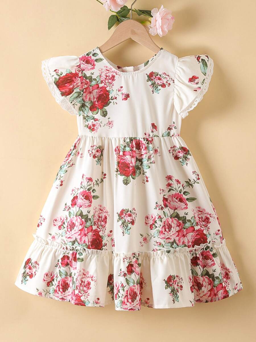 SHEIN Toddler Girls Floral Print Ruffle Hem Dress