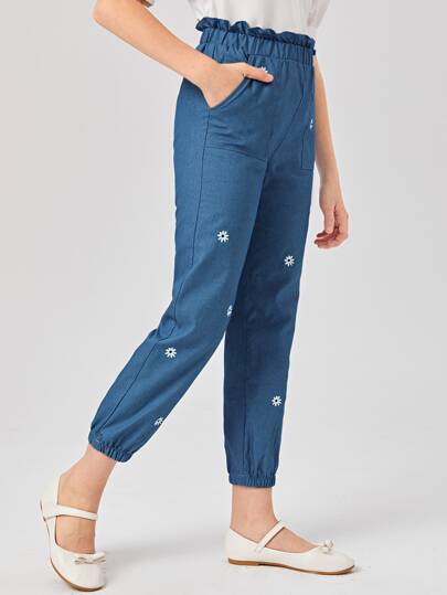 بنطلون بخصر بيبرباغ وتطريزة زهور صغيرة بنات