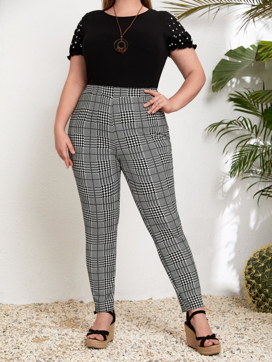 SHEIN Pantalones ajustados con estampado de pata de gallo - Blanco y Negro - Ver 1