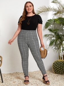 SHEIN Pantalones ajustados con estampado de pata de gallo - Blanco y Negro - Ver 4