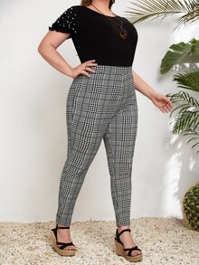 SHEIN Pantalones ajustados con estampado de pata de gallo - Blanco y Negro - Ver 6