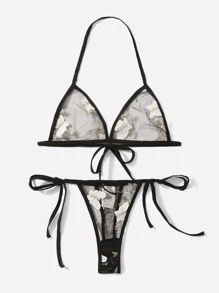 Butterfly Embroidery Mesh Lingerie Set - Black - View 4