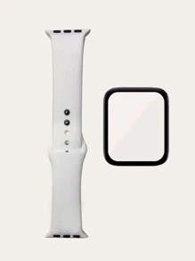 1 pieza Correa de reloj de silicona compatible con Apple Watch & 1 pieza Película protectora de pantalla - Blanco - Ver 2