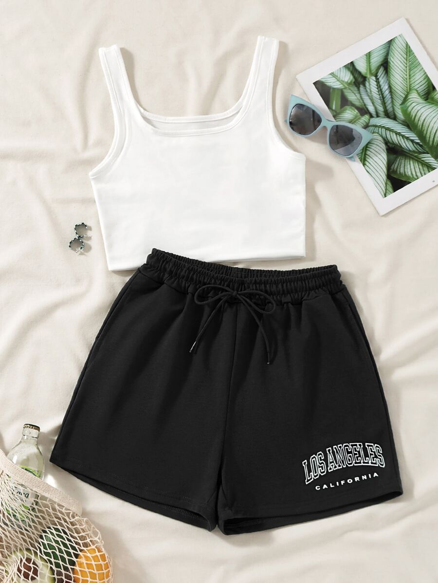 SHEIN Unity Bộ đồ hai mảnh nữ Dây kéo Lá thư Giải trí - Đen và trắng - Xem 1