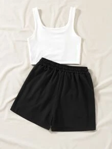 SHEIN Unity Bộ đồ hai mảnh nữ Dây kéo Lá thư Giải trí - Đen và trắng - Xem 2