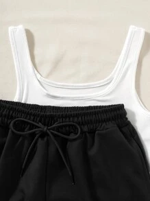 SHEIN Unity Bộ đồ hai mảnh nữ Dây kéo Lá thư Giải trí - Đen và trắng - Xem 3