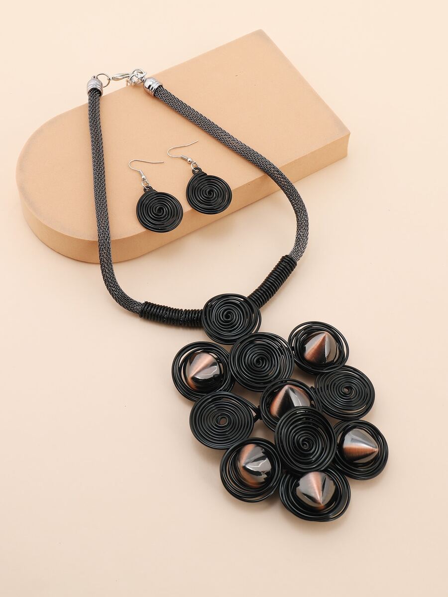 EMERY ROSE 3pcs Round Decor Jewelry Set - Black - View 1