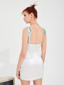 SHEIN Dog Print Bow Detail Tie Shoulder Satin Mesh Trim Bodycon Dress - White - View 2