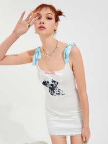 SHEIN Dog Print Bow Detail Tie Shoulder Satin Mesh Trim Bodycon Dress - White - View 5