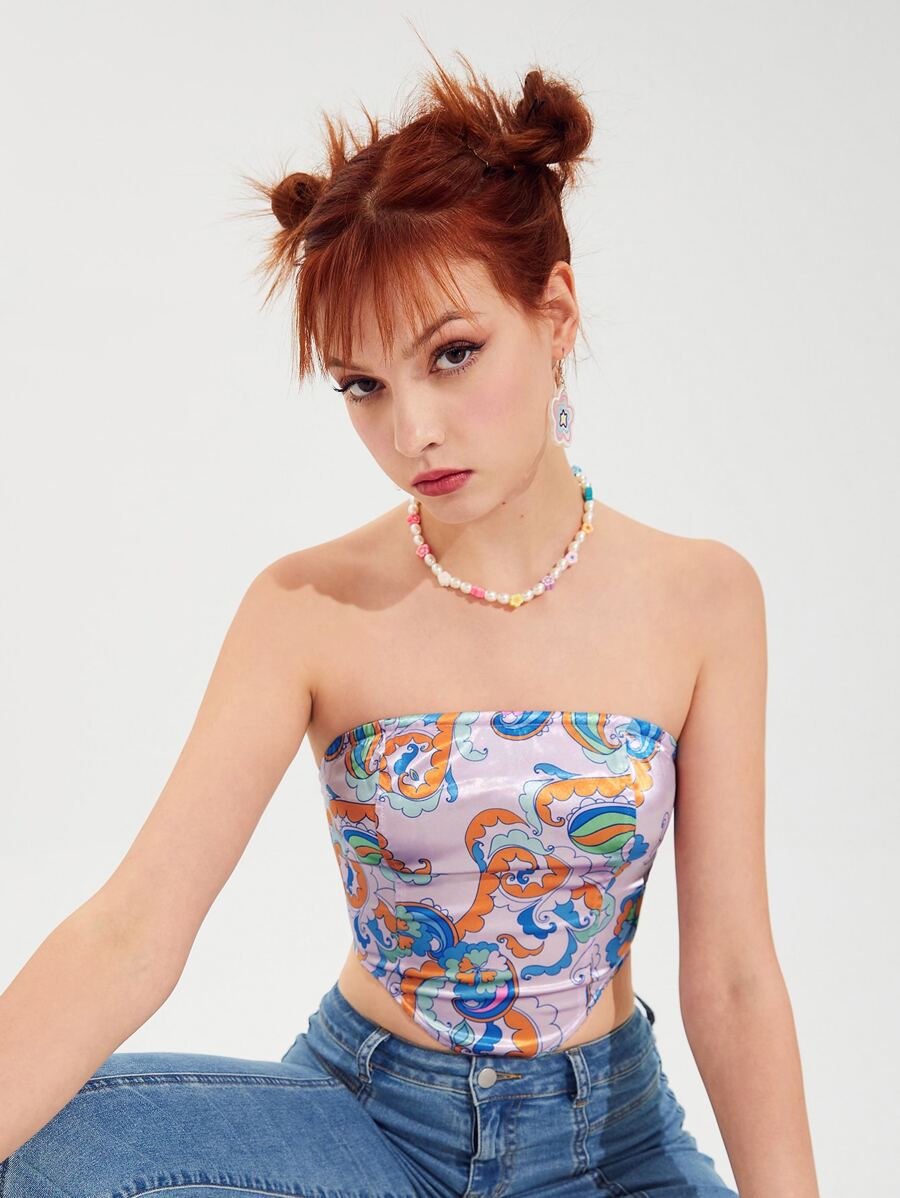 SHEIN 圖案印花弧形下擺短款緞面抹胸上衣 - 彩色 - 查看 1