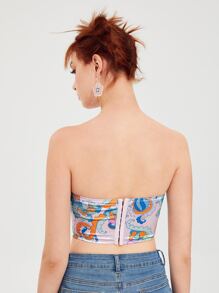 SHEIN 圖案印花弧形下擺短款緞面抹胸上衣 - 彩色 - 查看 2