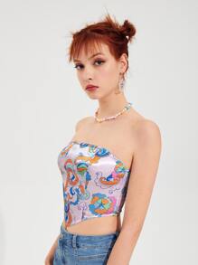 SHEIN 圖案印花弧形下擺短款緞面抹胸上衣 - 彩色 - 查看 4