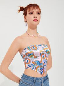 SHEIN 圖案印花弧形下擺短款緞面抹胸上衣 - 彩色 - 查看 5