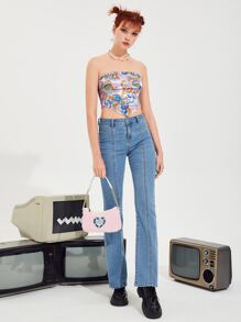 SHEIN 圖案印花弧形下擺短款緞面抹胸上衣 - 彩色 - 查看 6