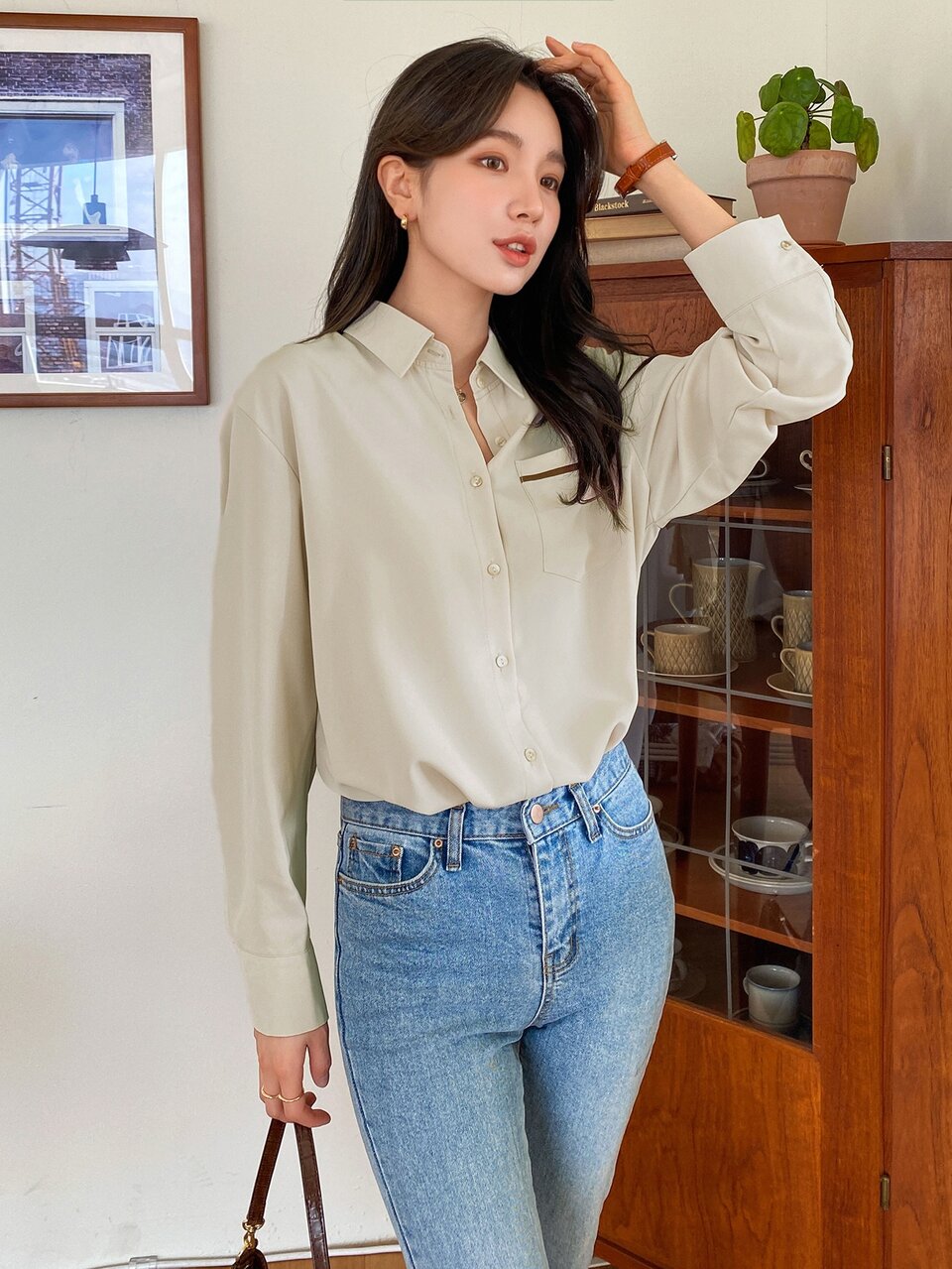 Pocket Patched Curved Hem Shirt