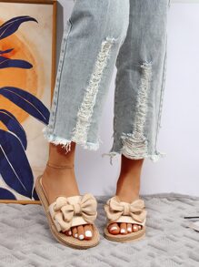 Bow Decor Strap Slides - Beige - View 3