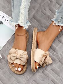 Bow Decor Strap Slides - Beige - View 4