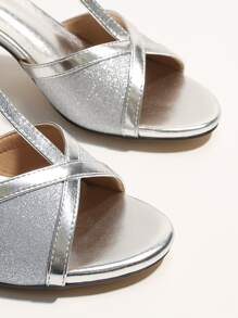 Glitter Decor Ankle Strap Chunky Heeled Sandals - Silver - View 3