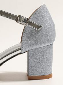 Glitter Decor Ankle Strap Chunky Heeled Sandals - Silver - View 5
