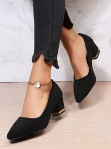Suedette Chunky Heeled Court Pumps - Black - View 1