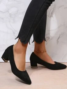 Suedette Chunky Heeled Court Pumps - Black - View 3