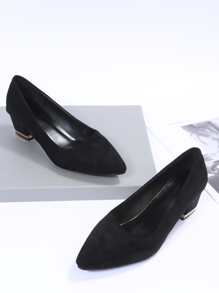 Suedette Chunky Heeled Court Pumps - Black - View 4
